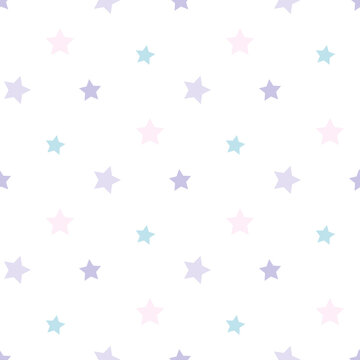 Seamless pattern with simple pastel violet, pink and blue stars on white background. Vector image.