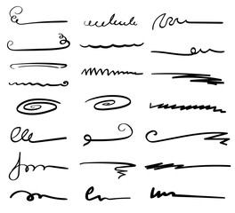 Set of handmade lines, brush lines, underlines. Hand-drawn collection of doodle style various shapes.