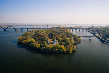 View over the Dnieper River in Kiev. Aerial drone view.