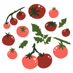 Seamless hand-drawn tomatoes set. Vegetables, ripe red and pink fruits, and leaves.Vegetarian food, healthier ingredients, vitamins.