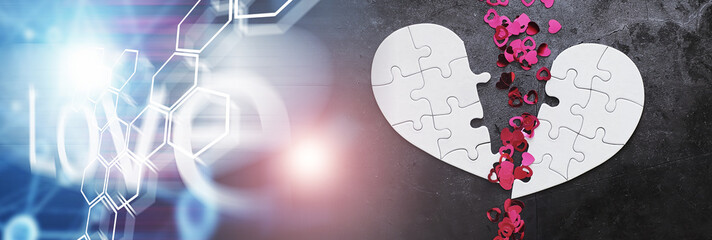White heart-shaped puzzle. Heart affairs. Undivided love. Broken heart. The key to the heart....