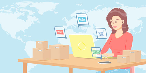 Obraz premium woman selling and shopping products online. female working from home office with laptop and phone on table on world map background.