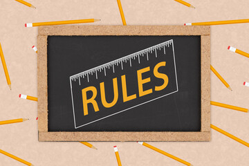 School Rules word message on grunge chalkboard