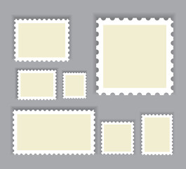 Blank postage stamps template set isolated on gray background. Collection of trendy postage stamps for label, sticker, app, mockup post stamp and wallpaper. Creative art concept, vector illustration