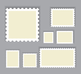 Blank postage stamps template set isolated on gray background. Collection of trendy postage stamps for label, sticker, app, mockup post stamp and wallpaper. Creative art concept, vector illustration