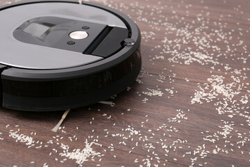 Removing groats from wooden floor with robotic vacuum cleaner at home, closeup