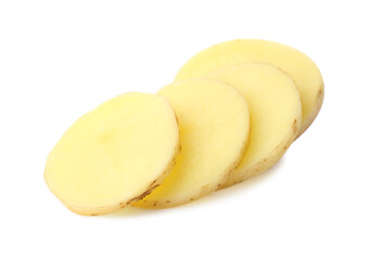 Sliced fresh raw organic potato on white background