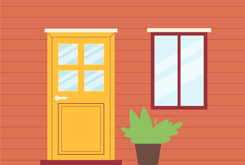 House facade entrance with door and window flat vector illustration.