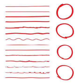 Lines and circles hand drawn vector set isolated on white background. Collection of red doodle lines and circles, hand drawn template. Creative art concept, vector illustration 
