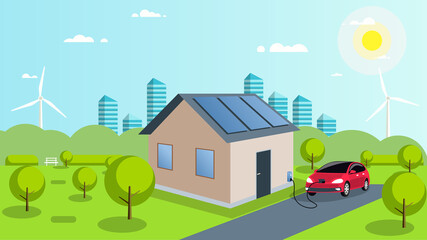 An electric car is charged by solar energy. Solar panels on the roof of the house. Car in the parking lot at home. Ecological smart city of the future with renewable energy. Vector