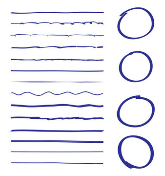 Lines and circles hand drawn vector set isolated on white background. Collection of blue doodle lines and circles, hand drawn template. Creative art concept, vector illustration 