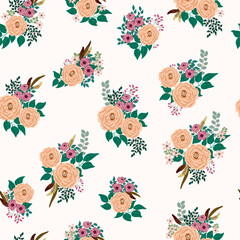 Obraz premium Boho seamless floral pattern with feathers, roses, daisy, marguerite, green and silver twigs. Folk style millefleurs. Plant background for textile, wallpaper, pattern fills, covers, surface, print