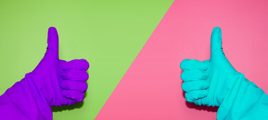 Usage of protective glove to prevent infection. Hand gesture of agreement. Thumbs-up signs. Positive answer.