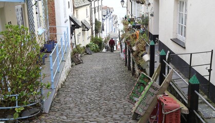 The steep, cobbled street descending to the fishing harbour at Clovelly in Devon, England.