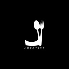 Combination fork and spoon flat J letter logo design