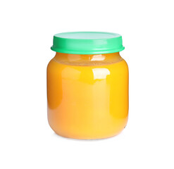 Jar with baby food isolated on white