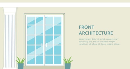Front architecture banner with double French door on house wall