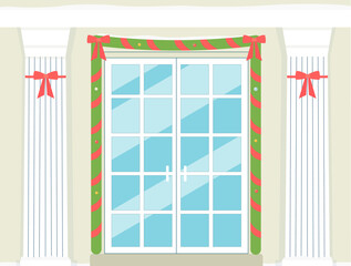 Holiday doorway with marble columns and garland card flat vector illustration.