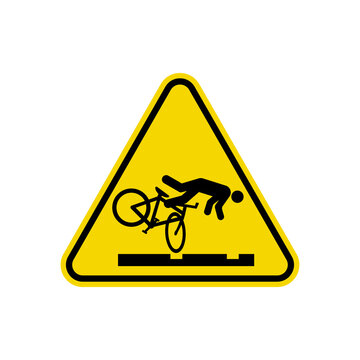 Cyclist Trip Hazard On Train Tracks Sign. Yellow Triangle Warning Symbol Simple, Flat, Vector, Icon You Can Use Your Website Design, Mobile App Or Industrial Design. Vector Illustration