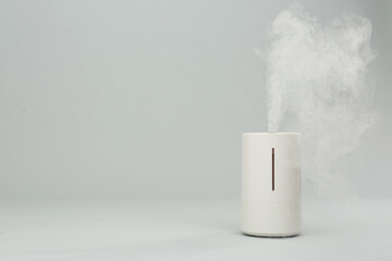 Modern air humidifier on light grey background. Space for text - obrazy, fototapety, plakaty