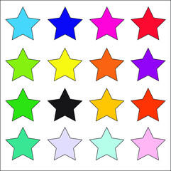 16 bright vibrant solid colored star vector icon set on white background. Education, exciting, birthday concepts.	