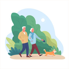 Elderly couple spends time outdoors.Vector illustration of cartoon happy senior man and woman walking in summer park with corgi dog. Isolated on background