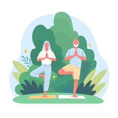 Elderly couple spends time outdoors.Vector illustration of cartoon happy senior man and woman doing yoga balance exercises  in summer park. Isolated on background