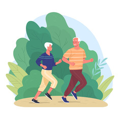 Elderly couple spends time outdoors.Vector illustration of cartoon happy senior man and woman jogging  in summer park. Isolated on background