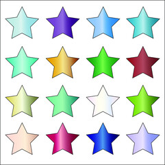 16 gem vibrant solid colored star vector icon set on white background. 	