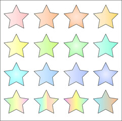 Obraz premium 16 pastel vibrant solid colored star vector icon set on white background. Easter, holiday and, birthday concepts. 