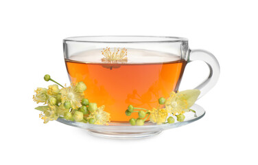 Cup of tea and linden blossom on white background