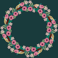 Floral round frame from cute ditsy flowers. Greeting card template. Design artwork for the poster, tee shirt, pillow, home decor. Summer wild flowers wreath.