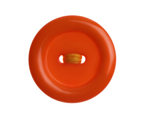 Orange plastic sewing button isolated on white, top view