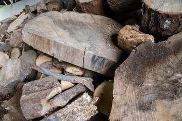 View of a stack of firewood, close up