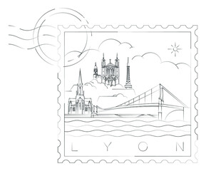 Lyon stamp, stamp vector illustration and typography design, France