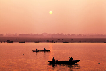 Morning activities at River Ganges during sunrise, Varanasi, Ind