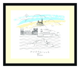 Marseille skyline poster, vector illustration and typography design, France