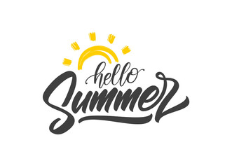 Vector Handwritten lettering of Hello Summer with doodle sun.