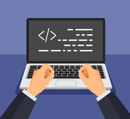 Programmer working writing code. Man typing on the keyboard with code on the screen. Web developer, design, programming. Coding concept. Isolated vector illustration.