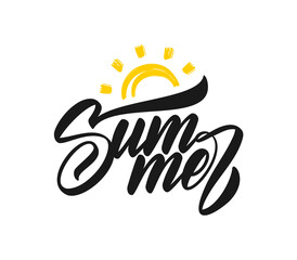 Fototapeta na wymiar Vector Brush type lettering of Summer Vacation with doodle sun on white background.