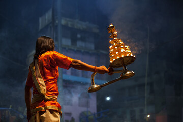 Hindu priests perform an worship, Varanasi.