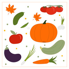 Vector set of vegetables with orange maple leaves