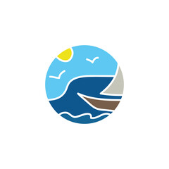 Yacht sailboat sky sun sea beach summer bird travel agency logo icon round Doodle cartoon design style Hand drawn Fashion print clothes apparel greeting invitation card banner poster flyer website