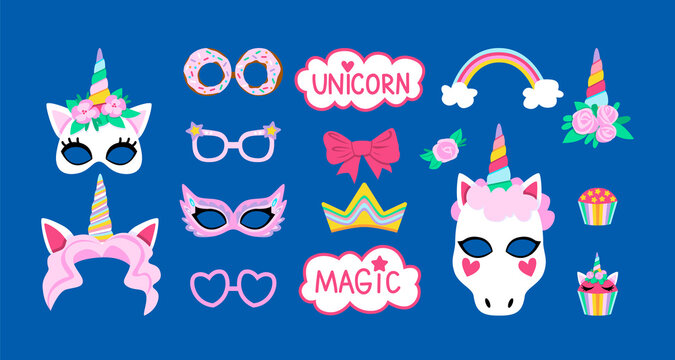 Collection of photo booth props for unicorn party. Cute vector cartoon masks and elements for funny photos.
