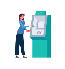 Woman withdraws money through an ATM. Replenishment of a bank card in cash. The girl holds a wallet and inserts a credit card into an ATM. Banking operations, illustration in flat style, isolated.