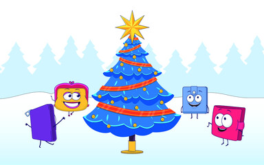 in this vector graphic we see with wallets dancing around the Christmas tree which is adorned with toys and garland, and at the top has
a star, in the background are fir trees,vector,colorful,cartoon.