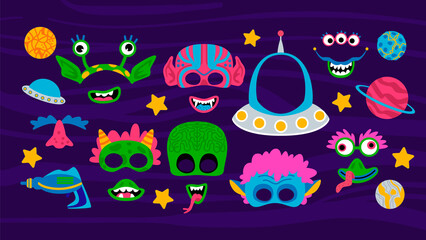 Collection of photo booth props for kids alien party. Cute vector cartoon masks and elements for funny photos.
- 363204031