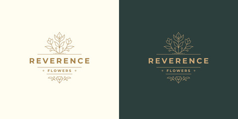 Flower line and branch with leaves vector logo emblem design template illustration simple minimal linear style.