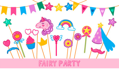 Collection of photo booth props for a little fairy party. Cute cartoon style magic wands, unicorn, flags, and other accessories for girls.
