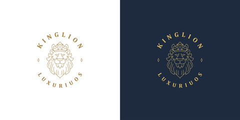 Lion head with crown line symbol vector logo emblem design template illustration simple linear style